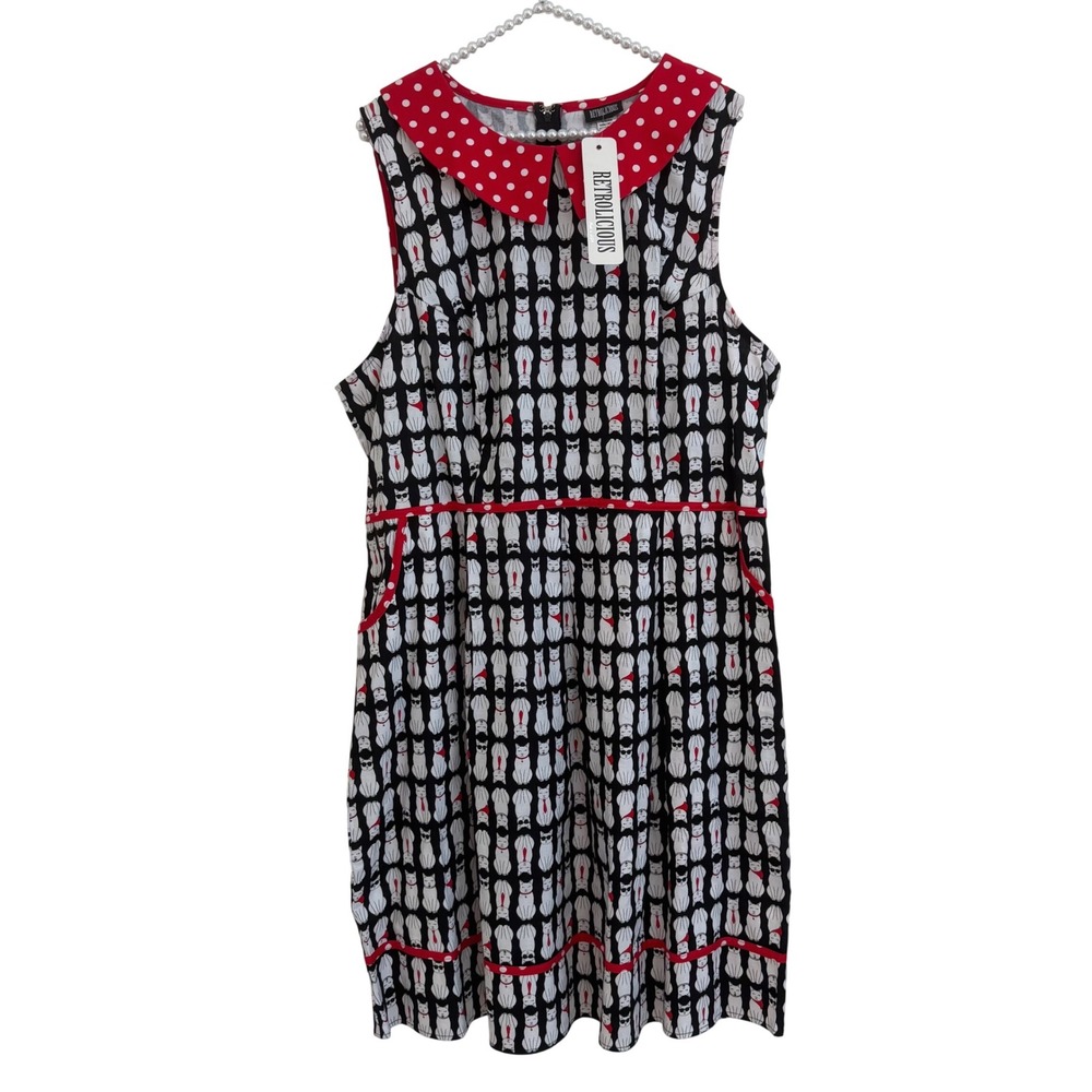 NWT Retrolicious Cat Dress 2X Polka Dot Collar Black White Pinup Rockabilly Cute